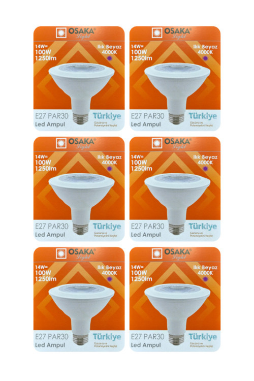 (6 Adet) Osaka 14W (100W) Ilık Beyaz (Günışığı) (4000K) E27 Duylu (Kalın Duy) Led PAR30 Ampul