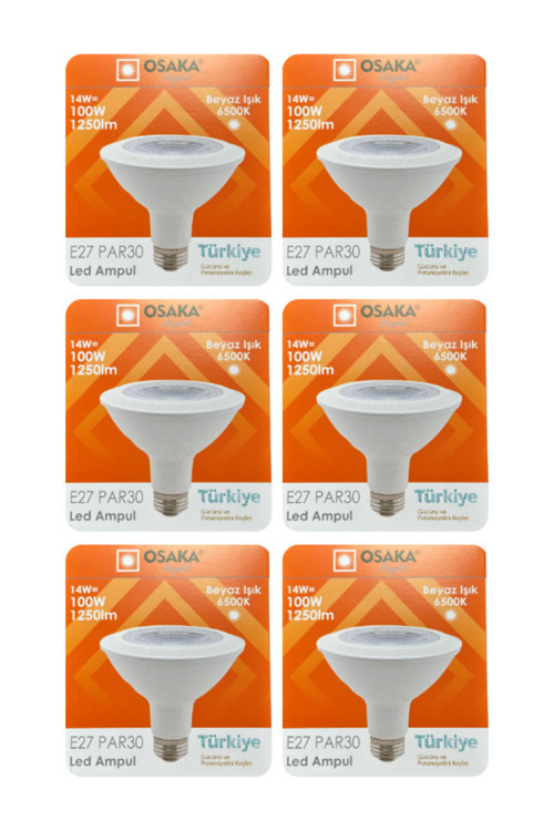 (6 Adet) Osaka 14W (100W) Beyaz Işık (6500K) E27 Duylu (Kalın Duy) Led PAR30 Ampul