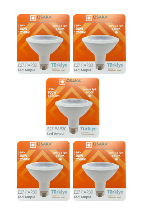 (5 Adet) Osaka 14W (100W) Beyaz Işık (6500K) E27 Duylu (Kalın Duy) Led PAR30 Ampul