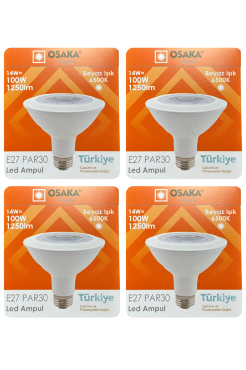 (4 Adet) Osaka 14W (100W) Beyaz Işık (6500K) E27 Duylu (Kalın Duy) Led PAR30 Ampul