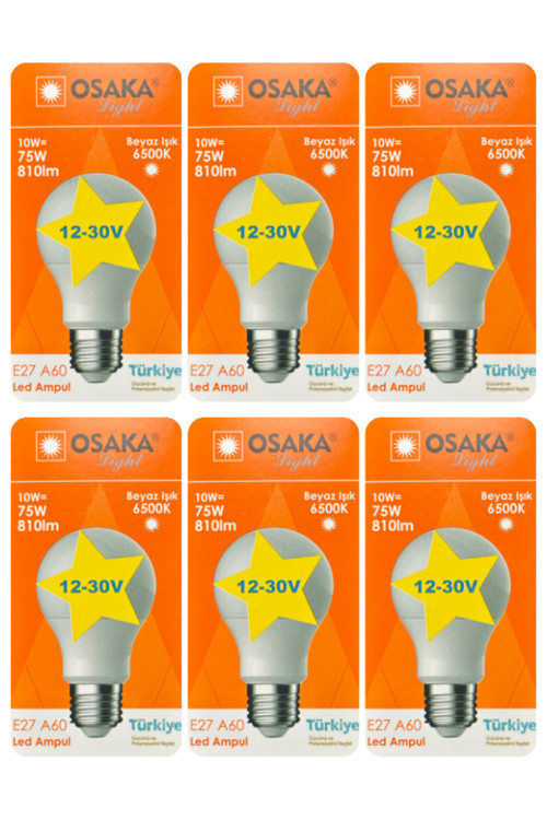 (6 Adet) Osaka 12VOLT 10W (75W) Beyaz Işık (6500K) E27 Duylu (Kalın Duy) Led Ampul