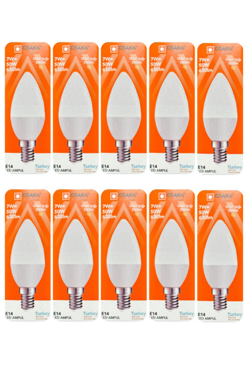 (10 Adet) Osaka 7W (50W) Sarı Işık (3000K) E14 Duylu (İnce Duy) Led Mum Ampul