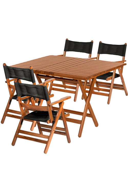 Atina Lüx Minderli Katlanır Ahşap Bahçe Balkon Takımı - 80x140 Masa + 4 Sandalye Set