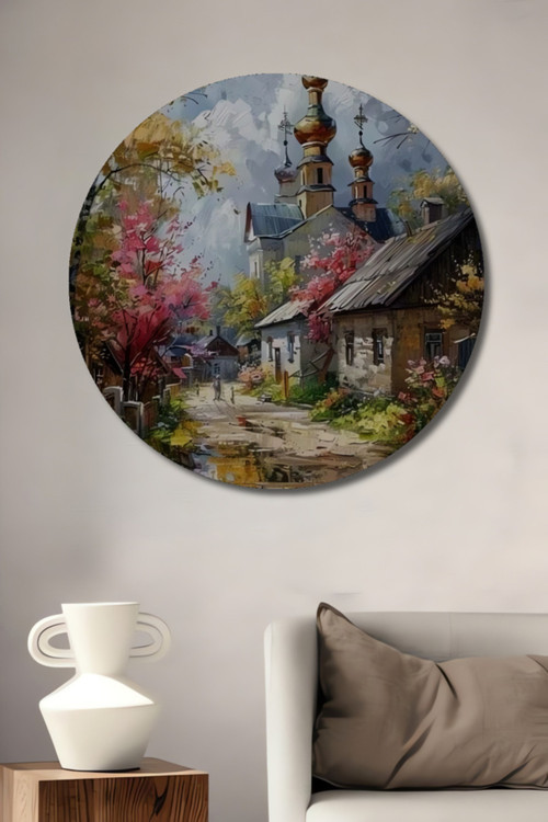 Pastoral Kilise Manzarası Yağlı Boya Görünümlü Dekoratif Ahşap Tablo Yuvarlak Duvar Tablosu