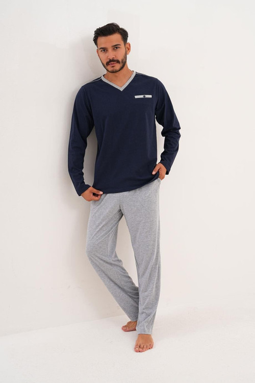 Erkek Düz V Yaka Lacivert Pijama Takımı 8001
