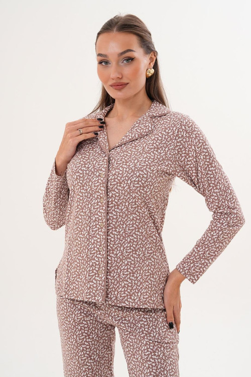Kadın Pamuk Minimal Desen Gömlek Yaka Önden Düğmeli Toprak Pijama Takımı 7035