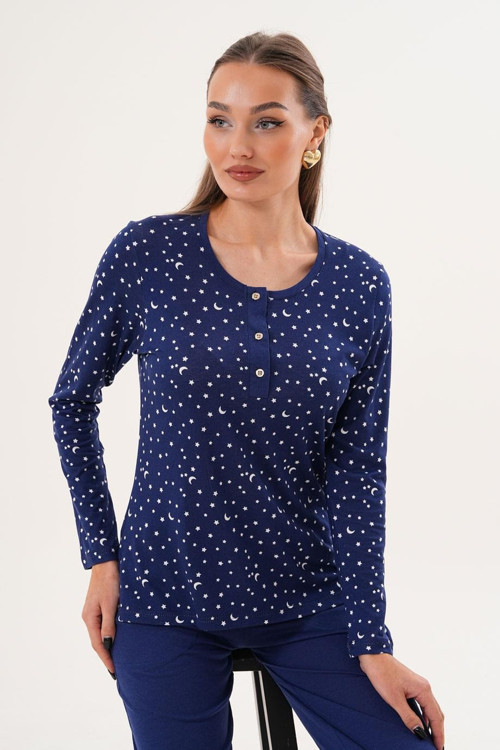 Kadın Pamuk Modal Yıldızlı Patlı Lacivert Pijama Takımı 7004