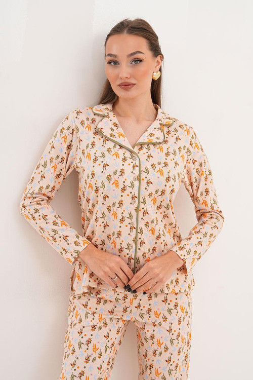 Kadın Pamuk Zeytin Desen Gömlek Yaka Yeşil Pijama Takımı 7032