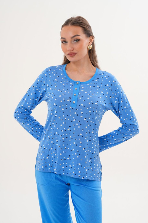 Kadın Pamuk Puantiyeli Patlı Mavi Pijama Takımı 7036