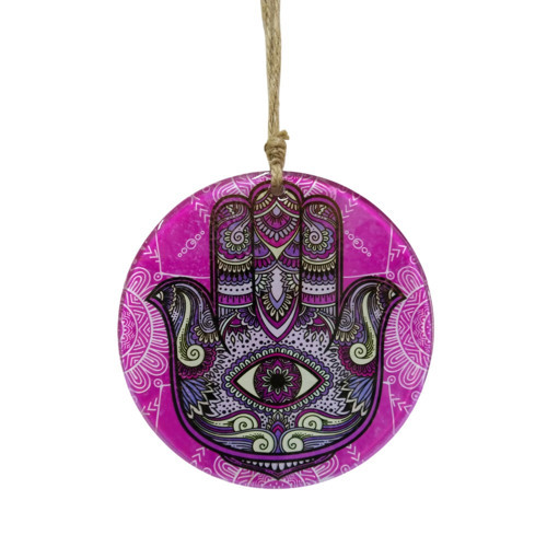 Fuşya Cam Hamsa El Duvar Dekoru - 16 cm Dekoratif Mandala Desenli Cam Süs