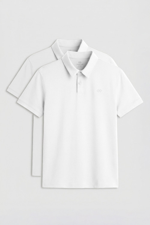 Standart Fit Basic Polo Yaka 2li Paket Beyaz Erkek T-Shirt - 87748