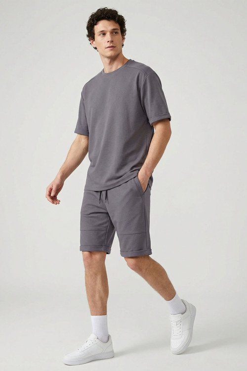 Koyu Gri Oversize Fit Yumuşak Dokulu Basic Erkek Şort Takım - 85274