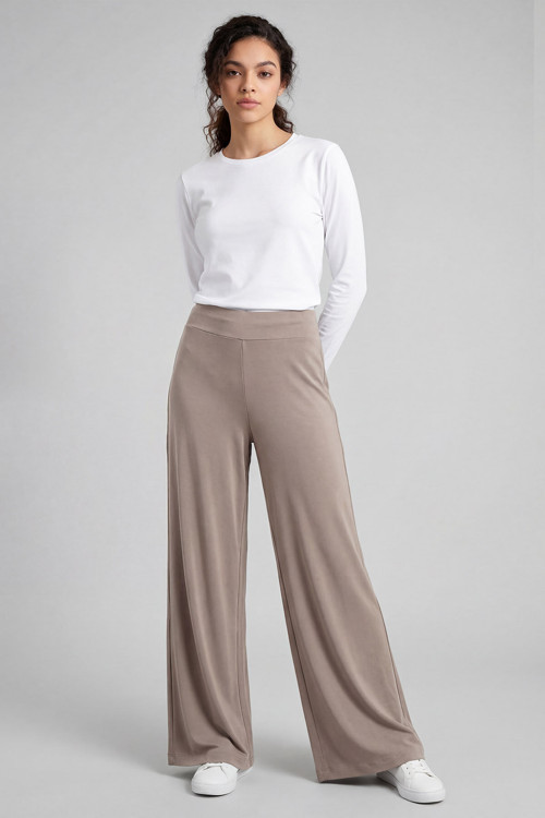 Koyu Bej Comfort Fit Geniş Paça Korsajlı Palazzo Kadın Pantolon - 94681