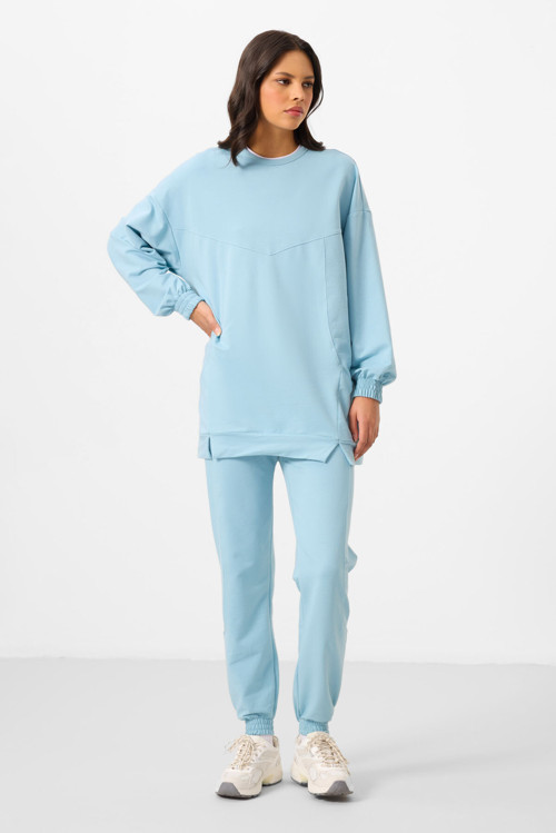 Açık Mavi O Yaka Basic Oversize Kadın Eşofman Tunik Takım - 95347
