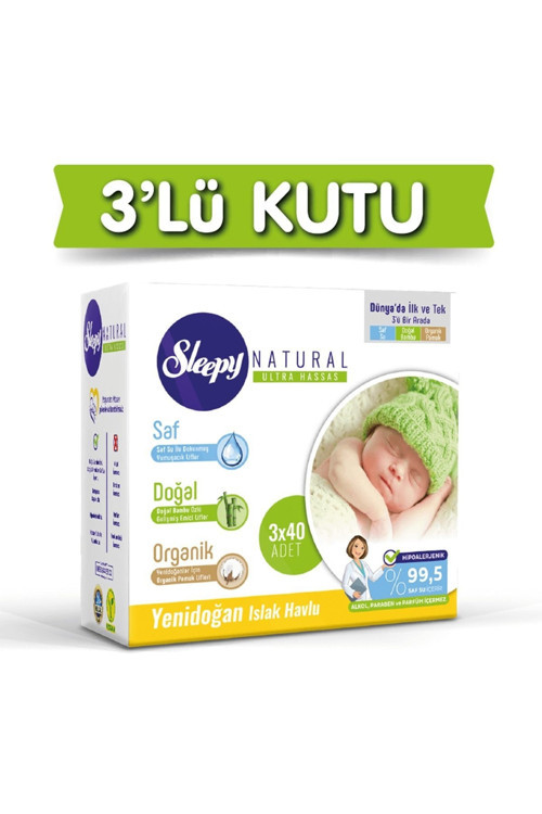 3'lü Natural Yenidoğan Islak Pamuklu Havlu 3x40 360 Yaprak