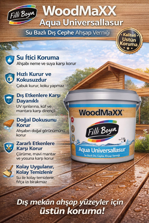 Woodmaxx® Aqua Universallasur Şeffaf Su Bazlı Dış Cephe Ahşap Verniği Uv Koruma Su İticilik Ozellik