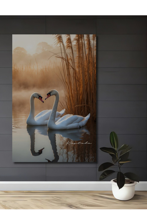 Romantik Aşk Kuğu Çifti Yağlı Boya Görünümlü Ahşap Dekoratif Tablo Ev,Salon,Antre,Cafe,Ofis