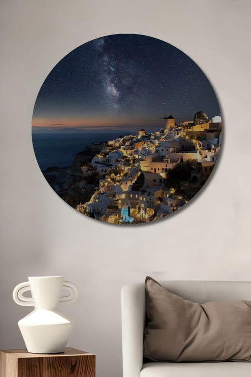Santorini Yıldızlı Gece Manzarası Ahşap Dekoratif Tablo Yuvarlak Duvar Tablosu