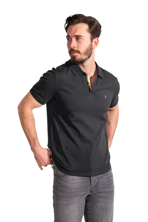 Erkek Merserize Plaket Şeritli Polo Yaka Pike T-Shirt Siyah