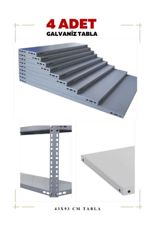 4 Adet Galvaniz Çelik Raf Tablası - Depo, Arşiv, Kiler, Dosya, Market Rafı 43X93 Cm-0.70 Mm