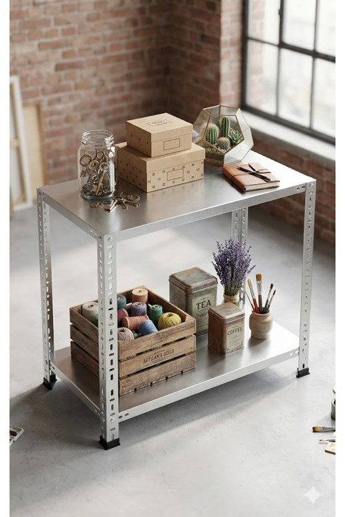 2 Katlı Dekoratif Galvaniz Çelik Raf - Depo, Arşiv, Kiler, Dosya, Market Rafı 31X60X150Cm
