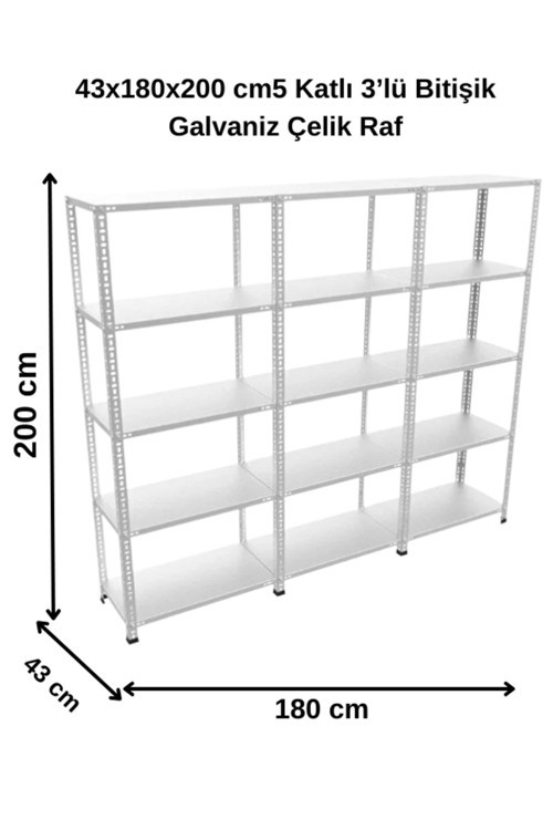43X180X200 Cm 5 Katlı 3’Lü Bitişik Galvaniz Çelik Raf. Depo, Dosya Rafı