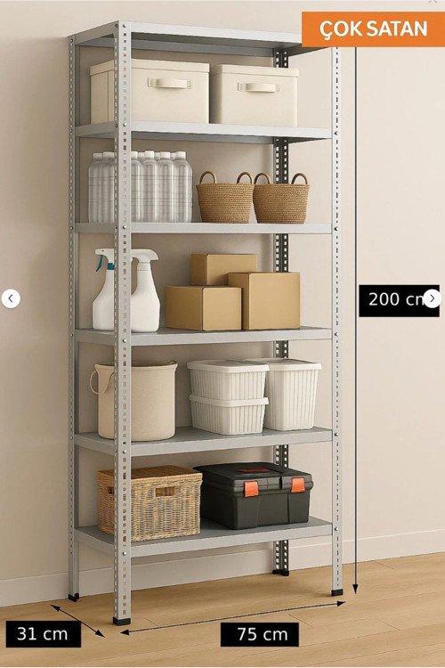 6 Katlı Galvaniz Çelik Raf - Depo, Arşiv, Kiler, Dosya, Market Rafı 31X75 Cm-200 Cm-0.70 Mm