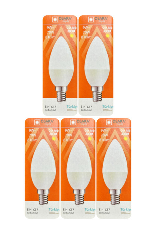 (5 Adet) Osaka 9W (70W) Sarı Işık (3000K) E14 Duylu (İnce Duy) Led Mum Ampul