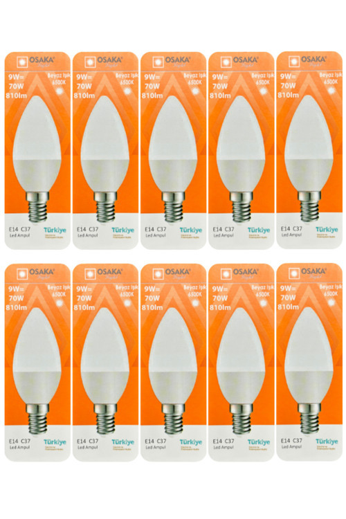(10 Adet) Osaka 9W (70W) Beyaz Işık (6500K) E14 Duylu (İnce Duy) Led Mum Ampul