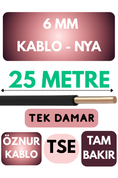 Öznur 6 MM NYA Kablo Metre Seçenekli (Siyah) 25 METRE