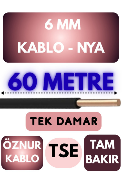 Öznur 6 MM NYA Kablo Metre Seçenekli (Siyah) 60 METRE