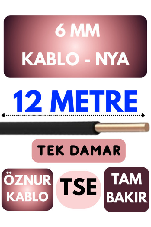 Öznur 6 MM NYA Kablo Metre Seçenekli (Siyah) 12 METRE
