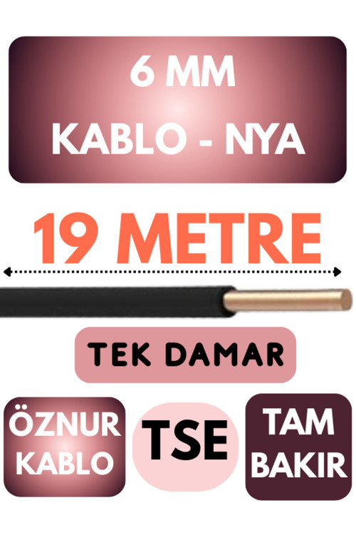 Öznur 6 MM NYA Kablo Metre Seçenekli (Siyah) 19 METRE
