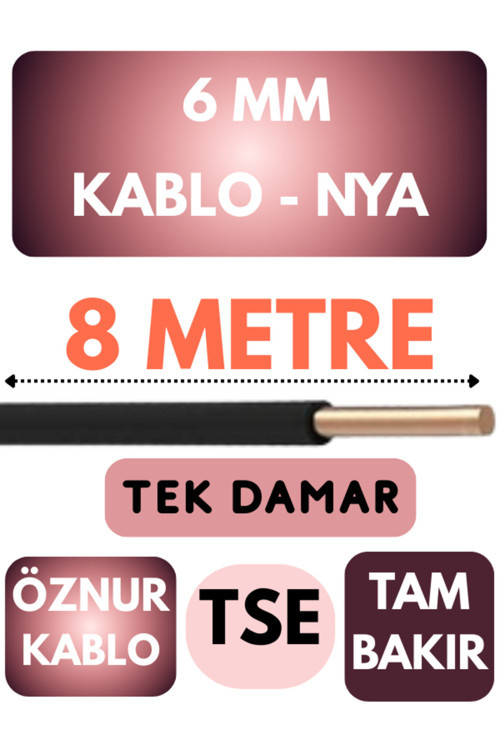 Öznur 6 MM NYA Kablo Metre Seçenekli (Siyah) 8 METRE