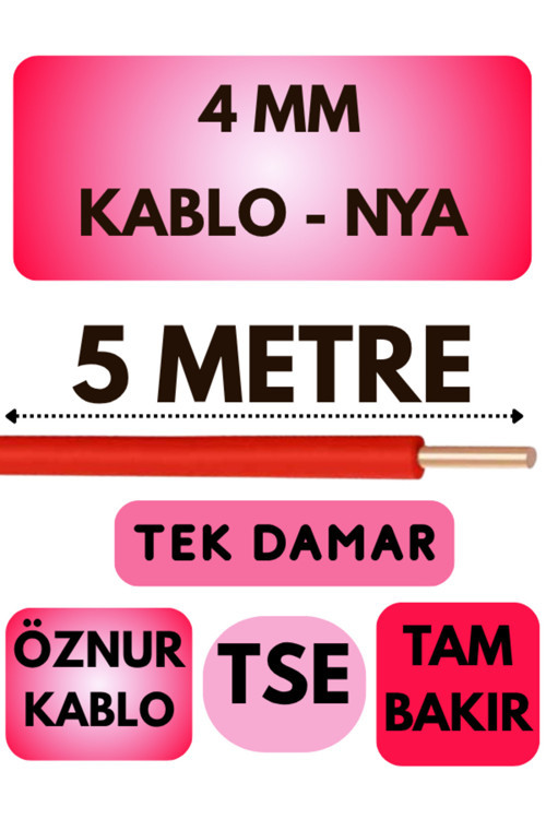Öznur 4 MM NYA Kablo Metre Seçenekli (Kırmızı) 5 METRE