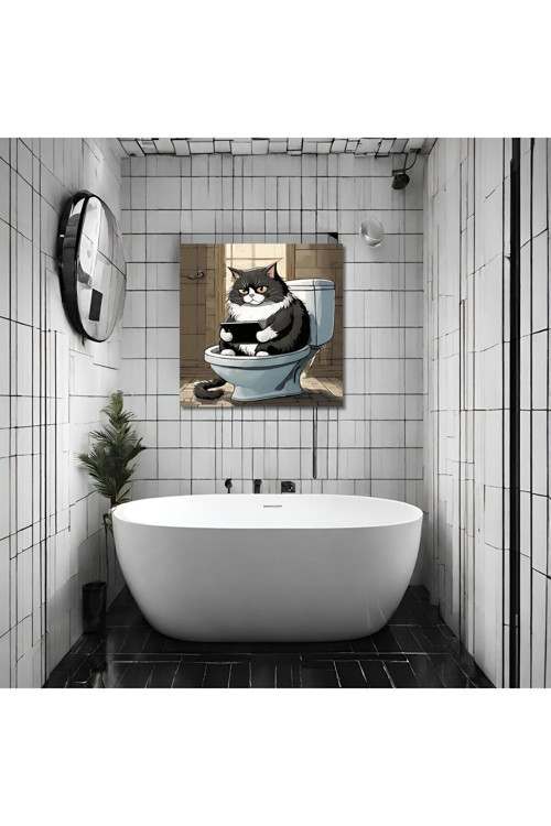 Tekli Kare Kanvas Banyo Tablosu Tabletle Oynayan Smokin Kedi