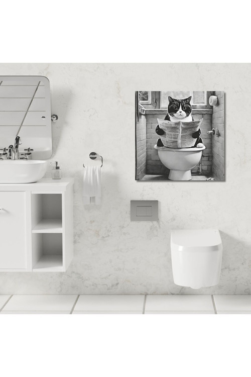 Tekli Kare Kanvas Banyo Tablosu Gazete Okuyan Kedi