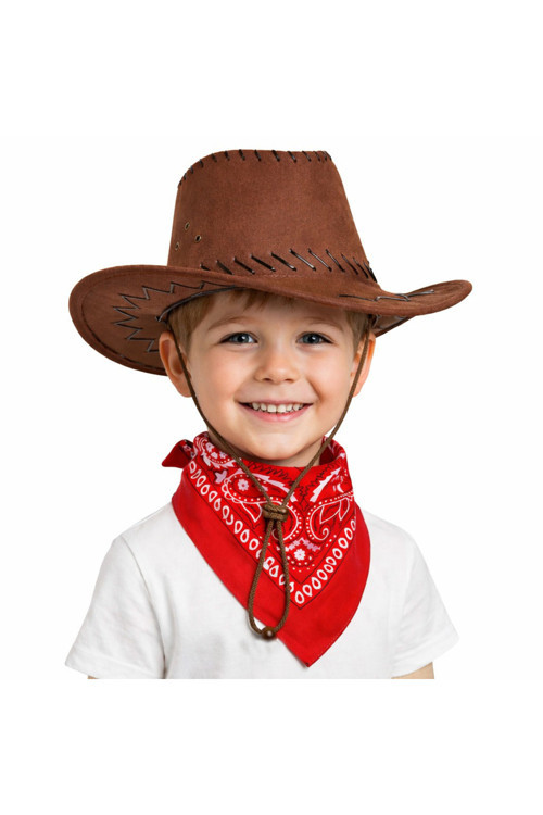 Çocuk Kovboy Şapka Kahverengi ve Kırmızı Bandana Seti