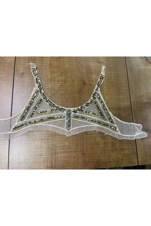 26X8 Cm Boncuk İşleme Beyaz Güpür Tül Yaka Aplike