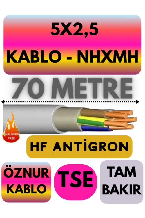Öznur 5X2,5 NHXMH (ALEV İLETMEZ) Kablo Metre Seçenekli (Gri) 70 METRE