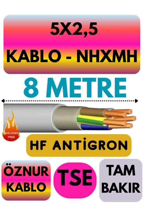 Öznur 5X2,5 NHXMH (ALEV İLETMEZ) Kablo Metre Seçenekli (Gri) 8 METRE