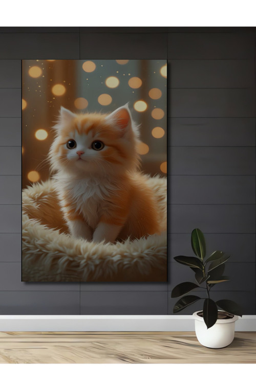 Sevimli Yavru Kedi Yağlı Boya Görünümlü Ahşap Dekoratif Tablo Ev,Salon,Antre,Cafe,Ofis