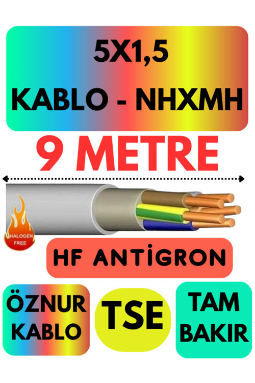 Öznur 5X1,5 NHXMH (ALEV İLETMEZ) Kablo Metre Seçenekli (Gri) 9 METRE