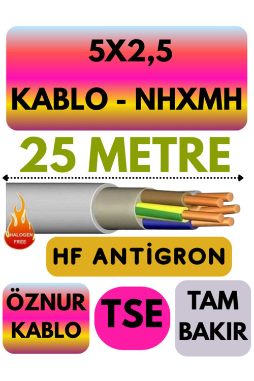 Öznur 5X2,5 NHXMH (ALEV İLETMEZ) Kablo Metre Seçenekli (Gri) 25 METRE