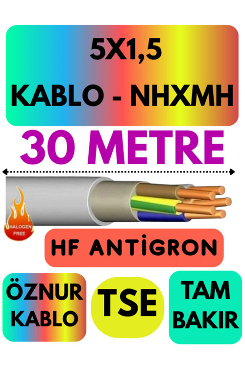 Öznur 5X1,5 NHXMH (ALEV İLETMEZ) Kablo Metre Seçenekli (Gri) 30 METRE