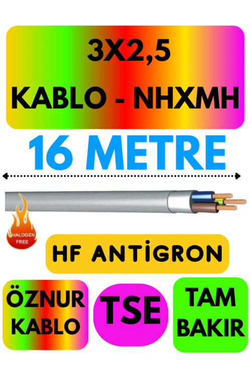 Öznur 3X2,5 NHXMH (ALEV İLETMEZ) Kablo Metre Seçenekli (Gri) 16 METRE