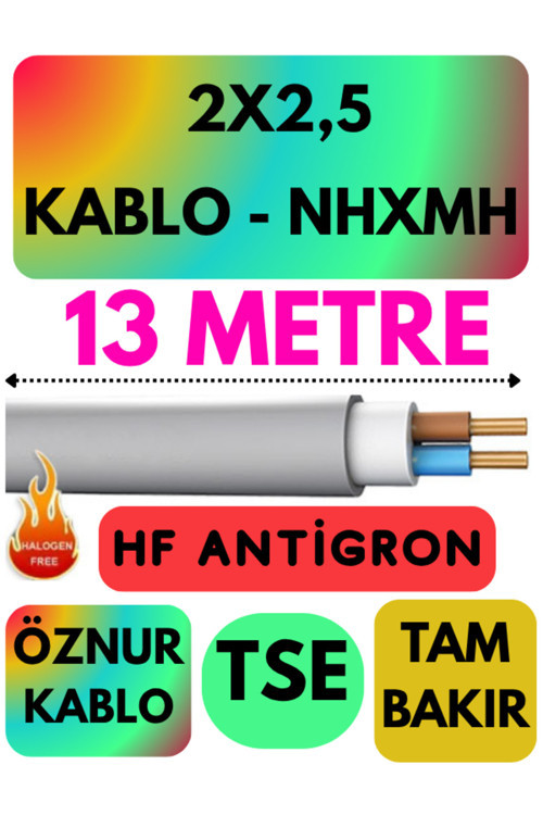 Öznur 2x2,5 NHXMH (ALEV İLETMEZ) Kablo Metre Seçenekli (Gri) 13 METRE
