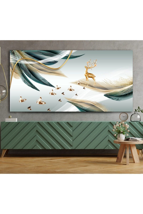 Modern Gold Geyik Ve Kuş Tüyleri Dekoratif Kanvas Tablo