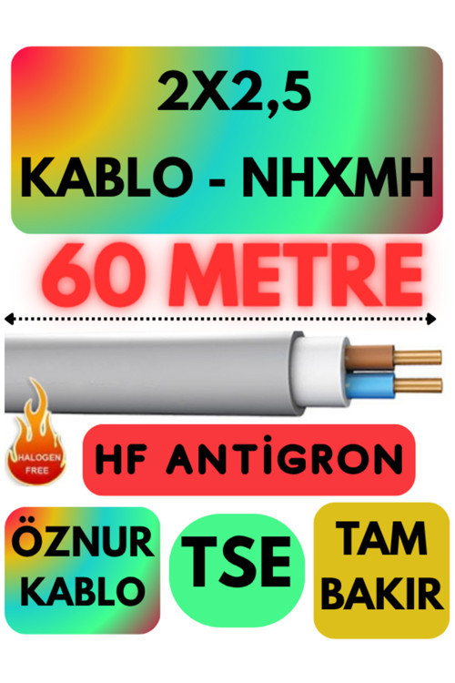 Öznur 2x2,5 NHXMH (ALEV İLETMEZ) Kablo Metre Seçenekli (Gri) 60 METRE