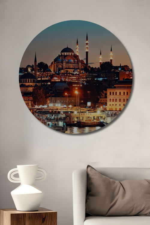 İstanbul Silüeti Yağlı Boya Görünümlü Ahşap Dekoratif Tablo Yuvarlak Duvar Tablosu